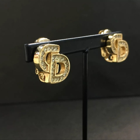 AUTH Christian Dior CD Logo Rhinestone Earrings Gold - Picture 2 of 7